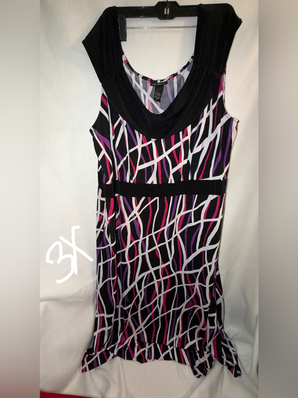 Sleeveless Cowl Neck Geometric Print Dress - Black with Pink & Purple